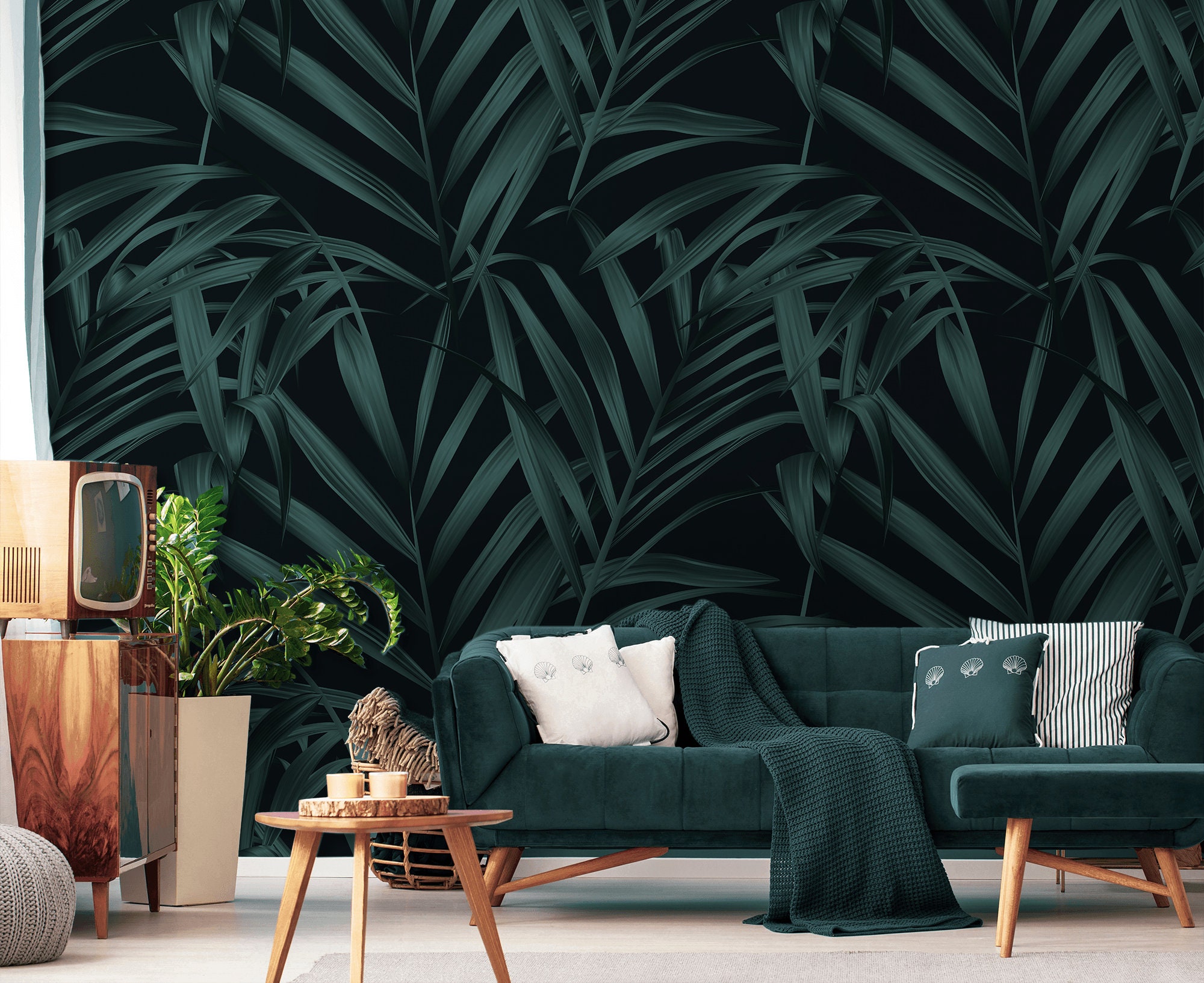 Dark Palm Leaves Wallpaper, Peel and Stick Wall Mural With Tropical ...