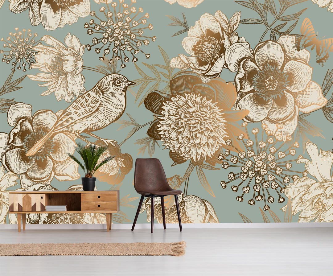 Peonies and Bird Wallpaper, Vintage Botanical Wall Mural, Self Adhesive ...