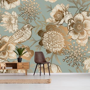 Peonies and bird wallpaper, vintage botanical wall mural, self adhesive, peel and stick, removable or traditional, vinyl wallpaper
