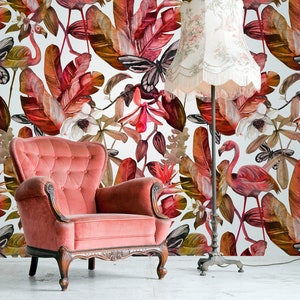 Flamingo und Blumen Aquarell Tapete, Peel and Stick Tapete, tropische Tapete, exotische Wand Wandbild, abnehmbare Tapete, Wand Dekor