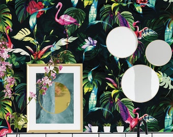 Tropical floral wallpaper, exotic plants and birds on dark background, peel and stick wallpaper, self adhesive, removable,  wall decor