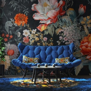 Vintage floral wallpaper, various flowers on dark background, self adhesive, peel and stick, removable or traditional, vinyl wallpaper