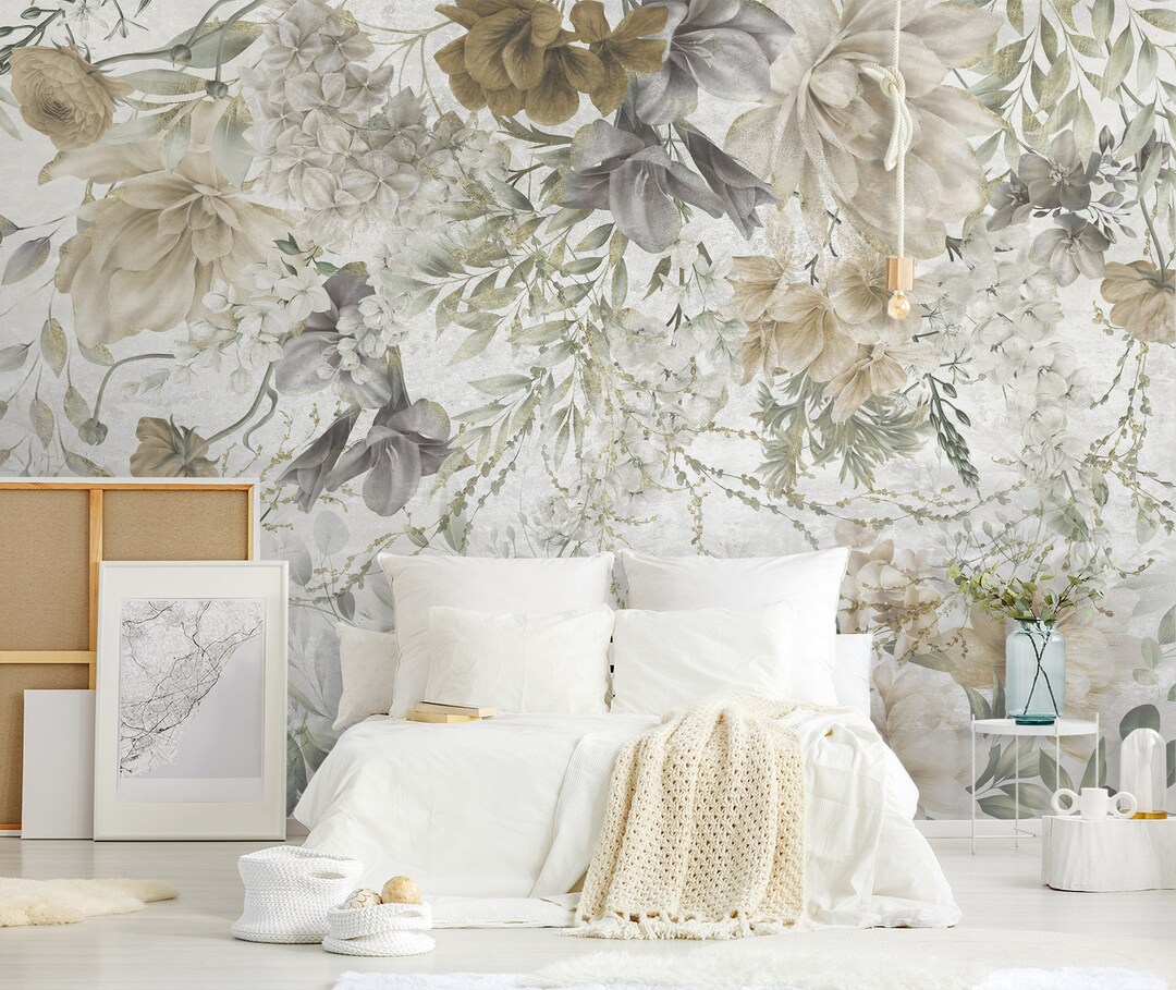Watercolor Flowers and Leaves Wallpaper, Peony Wall Mural, Self ...