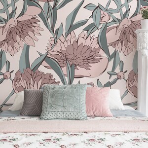 Peony floral wallpaper, peel and stick wall mural, girl decor, repositionable removable wallpaper, self adhesive wallpaper, wall decor