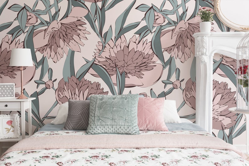 Peony floral wallpaper, peel and stick wall mural, girl decor, r Peony floral wallpaper, peel and stick wall mural, girl decor, r
