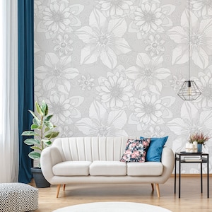 Light gray floral wallpaper, peel and stick, self adhesive, floral pattern, removable wallpaper, wall decor