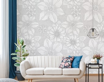 Lichtgrijs bloemenbehang, afpellen en plakken, zelfklevend, bloemmotief, verwijderbaar behang, wanddecoratie