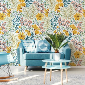 Bohemian floral wallpaper, peel and stick wall mural, self adhesive wallpaper, vintage flroal pattern, removable wallpaper zdjęcie 2