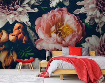 Beautiful flowers wallpaper, peel and stick wall mural, floral home decor, temporary removable wallpaper, home decor