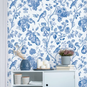 Retro style floral wallpaper mural, self adhesive removable wallpaper, bird wall mural, peel and stick wallpaper, wall decor