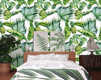 Tropical watercolor wallpaper, peel and stick vintage wallpaper, banana leaf print, pineapple decor, monstera wallpaper, adhesive wallpaper