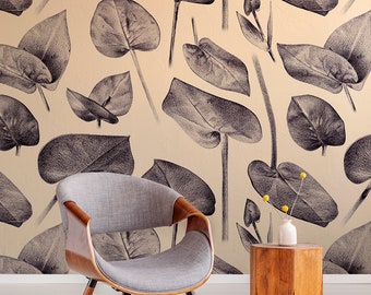 Seerosenblätter Tapete, Schälen und Aufkleben Wandbild, Handgezeichnetes Blumenmuster, abnehmbare Tapete, Vintage Wohnkultur
