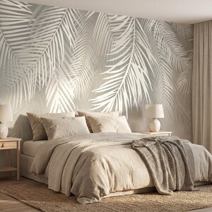 Beige tropical palm leaf wall mural, botanical wallpaper, boho wall decor, self adhesive peel and stick or traditional vinyl image 5