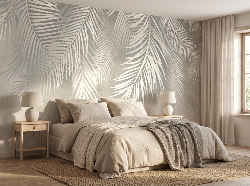 Beige tropical palm leaf wall mural, botanical wallpaper, boho wall decor, self adhesive peel and stick or traditional vinyl image 5