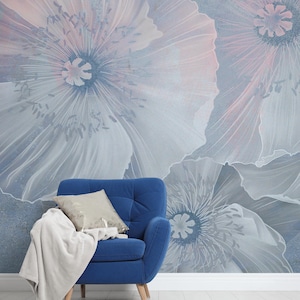 Blue floral wallpaper, flower painting wall mural, self adhesive, peel and stick, removable or traditional, vinyl wallpaper