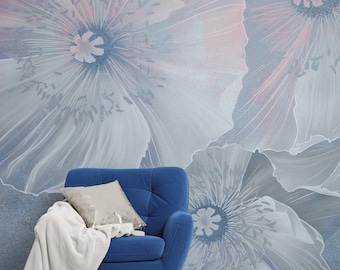 Papel tapiz floral azul, mural de pared con pintura de flores, autoadhesivo, despegable y pegable, extraíble o tradicional, papel tapiz de vinilo