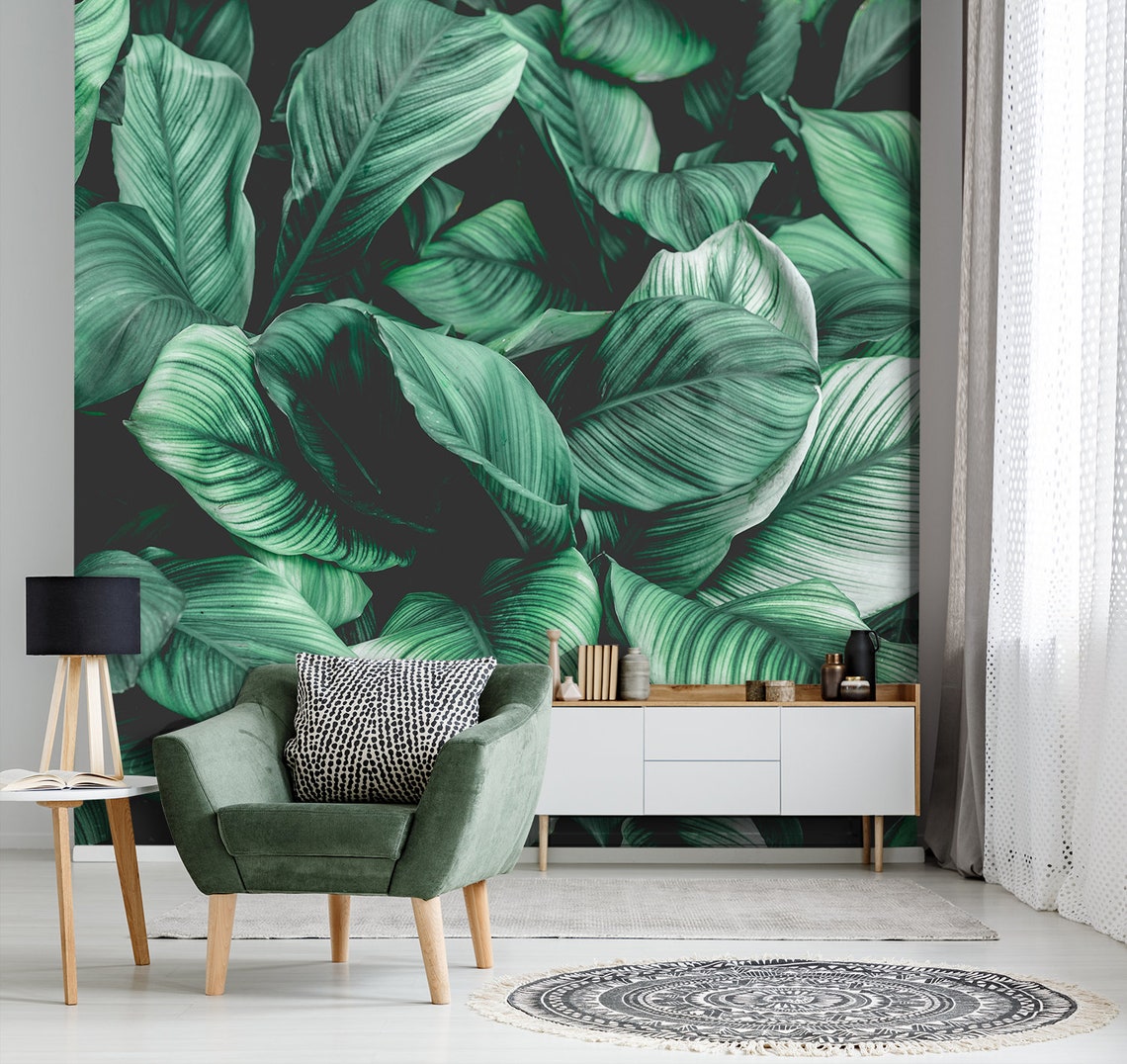 Tropical Leaf Wallpaper Peel and Stick Wallpaper Palm Leaf Etsy