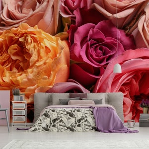 Red roses wallpaper, peel and stick, removable wall mural, self adhesive wall decor, flower wall, home decor