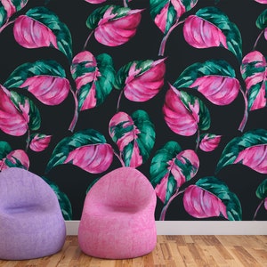 Botanische Aquarell Tapete mit rosa Blättern, selbstklebende abnehmbare Tapete, tropische Wand wandbild, temporary, Peel and Stick Tapete