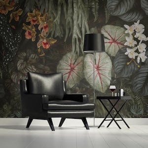 Dark tropical wallpaper, exotic flowers and leaves wall mural, self adhesive, peel and stick, removable or traditional, vinyl wallpaper