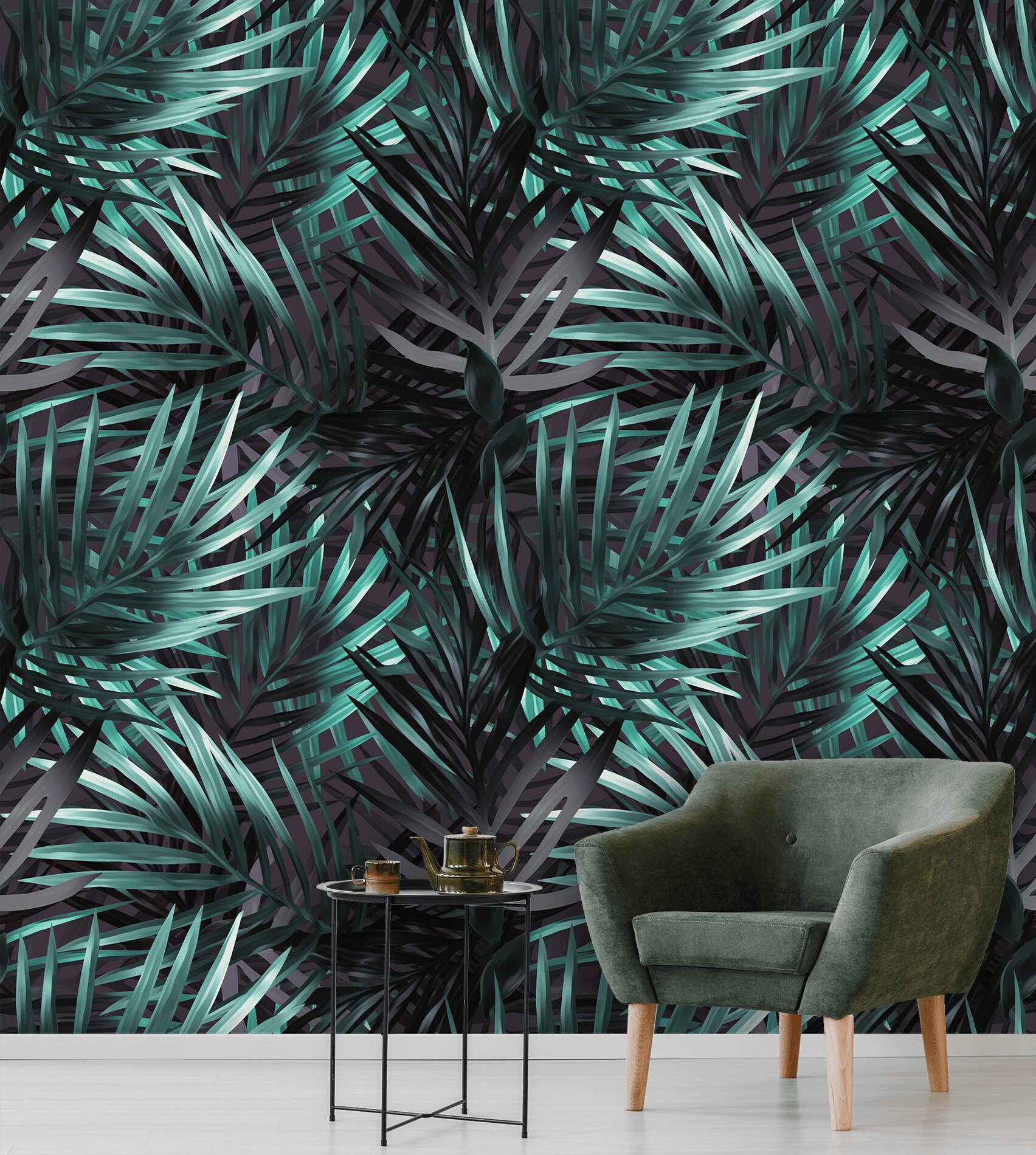 Dark Wallpaper With Palm Leaves Peel and Stick Wall Mural - Etsy