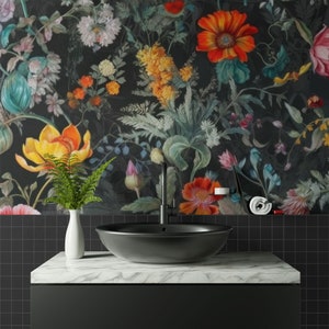 Vintage floral wallpaper, garden flowers on dark background, self adhesive, peel and stick, removable or traditional, vinyl wallpaper