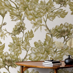 Beautiful floral wallpaper, drawn flowers wallpaper, self adhesive, peel and stick, removable or traditional wallpaper