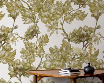 Beautiful floral wallpaper, drawn flowers wallpaper, self adhesive, peel and stick, removable or traditional wallpaper