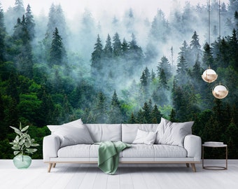 Misty conifer forest wall mural, green trees wallpaper, self adhesive removable wallpaper, peel and stick wallpaper, wall decor