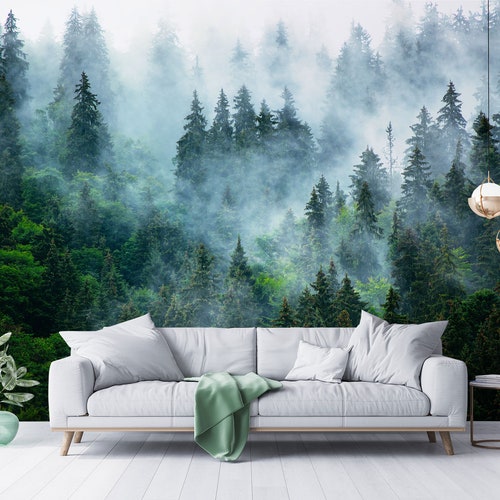 Morning Foggy Forest Trees Mural Wallpaper Peel and Stick Etsy