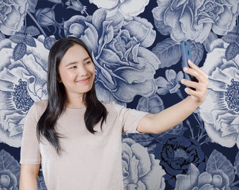 Dark blue floral wallpaper, peel and stick wallpaper, dark floral garden self adhesive wall mural, removable wallpaper, wall decor