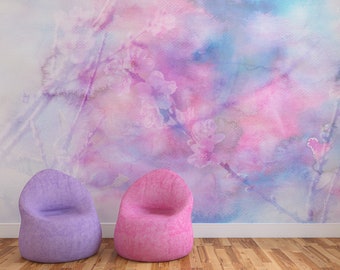 Papel tapiz floral rosa y azul, papel tapiz autoadhesivo removible, arte de pared floral de acuarela, papel tapiz despegable y pegable, decoración de pared floral