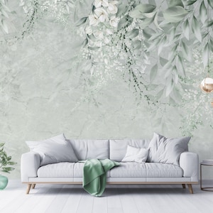 Floral watercolor greenery wallpaper, leaf wall mural, self adhesive, peel and stick, removable or traditional, vinyl wallpaper