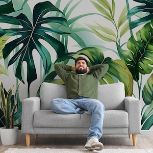 Tropical leaves wall mural, jungle wallpaper, leaf print, self adhesive, peel and stick, removable or traditional, vinyl wallpaper