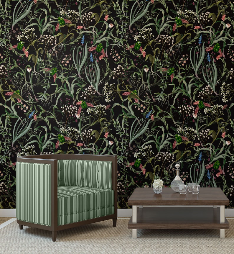 Wallpaper with wild flowers and insects, self adhesive wallpaper, wall mural, peel and stick removable wallpaper, wall decor image 2