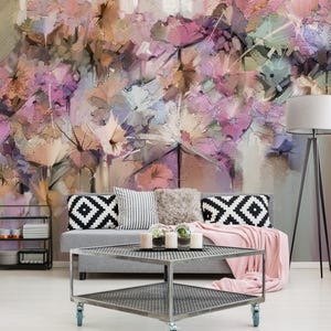 Abstract floral wallpaper, vintage wall mural, self adhesive, peel and stick, removable or traditional, vinyl wallpaper