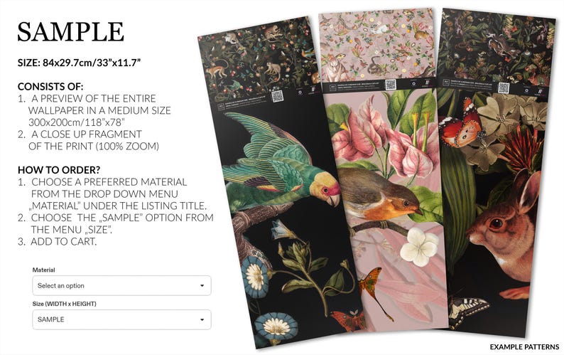 May include: Three vertical wallpaper samples measuring 84x29.7cm or 33x11.7 inches. The left panel features a green parrot on a black background. The centre panel shows a bird and pink flowers on a light background. The right panel displays a rabbit and butterfly on a black background.