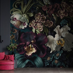 Murale floreale scuro, bouquet di fiori tropicali su sfondo scuro, autoadesivo, stacca e incolla, rimovibile o tradizionale, carta da parati in vinile