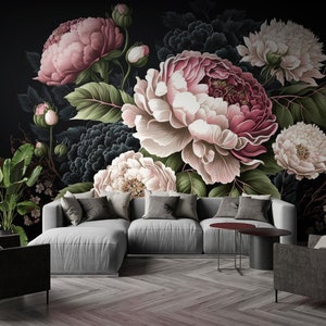 Vintage dark floral wallpaper, peony bouquet wallpaper, self adhesive, peel and stick, removable or traditional, vinyl wallpaper