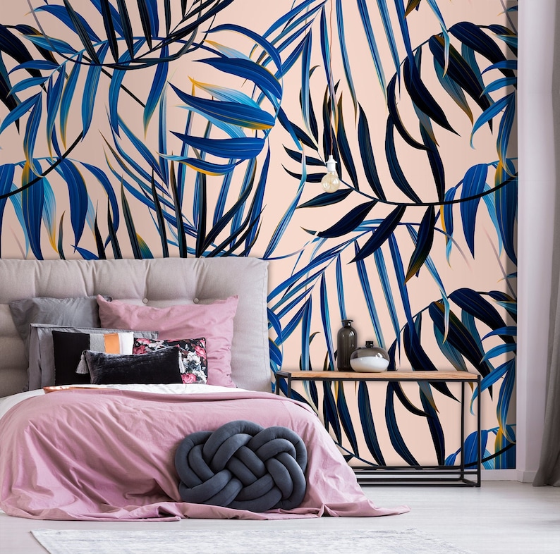 Tropical Wallpaper With Blue Palm Leaves Peel and Stick Wall Etsy