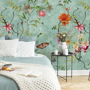 Carta da parati floreale vintage Chinoiserie, motivo fiori e uccelli, stacca e incolla, autoadesivo, carta da parati rimovibile, decorazione murale