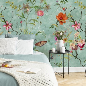 Chinoiserie vintage floral wallpaper, flowers and birds pattern, peel and stick, self adhesive, removable wallpaper, wall decor