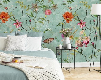 Chinoiserie vintage floral wallpaper, flowers and birds pattern, peel and stick, self adhesive, removable wallpaper, wall decor