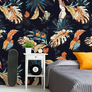 Tropische Tapete, Palmblätter und Vögel auf dunklem Hintergrund, Peel and Stick Tapete, selbstklebend, abnehmbares Wandbild, Wanddeko