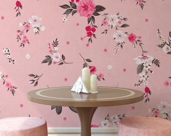 Floral Tapete, rosa Wandbild, selbstklebend, schälen und aufkleben, abnehmbar oder traditionell, Vinyl-Tapete