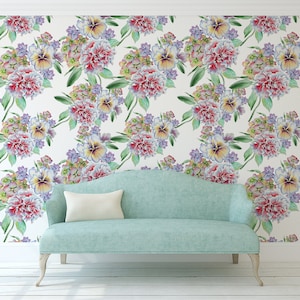 Aquarell Blumentapete, Hortensienblume Wandbild, selbstklebend, schälen und aufkleben, abnehmbar oder traditionell, Vinyltapete