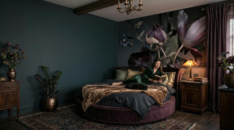 Dramatic floral wallpaper, dark botanical mural, peonies and tulips, wall art, home decor, self adhesive peel and stick or traditional vinyl image 2