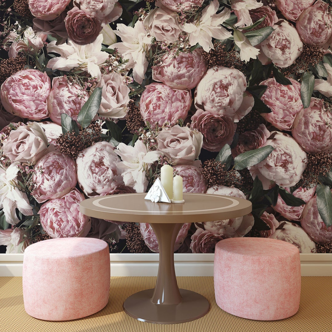 Pink Peony Flowers Wall Mural, Self Adhesive Removable Wallpaper ...