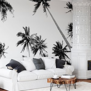 Black and white palm tree wall mural, tropical tree wallpaper, self adhesive removable wallpaper, peel and stick wallpaper, wall decor image 1