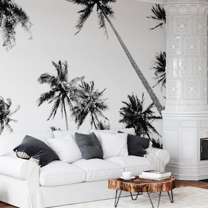 Black and white palm tree wall mural, tropical tree wallpaper, self adhesive removable wallpaper, peel and stick wallpaper, wall decor image 1